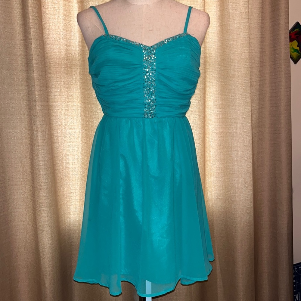 Forever 21 Turquoise Ruched Beaded Sequin Bodice Mini Prom Dress Women’s Small